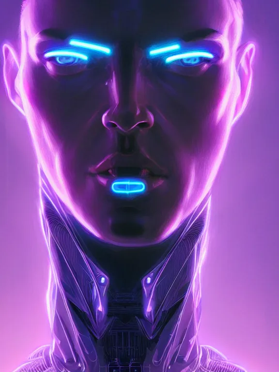 Image similar to portrait of male humanoid, intricate, masculine, cyber neon lights, highly detailed, digital photography, artstation, stylish pose, concept art, smooth, sharp focus, illustration, art by artgerm and greg rutkowski