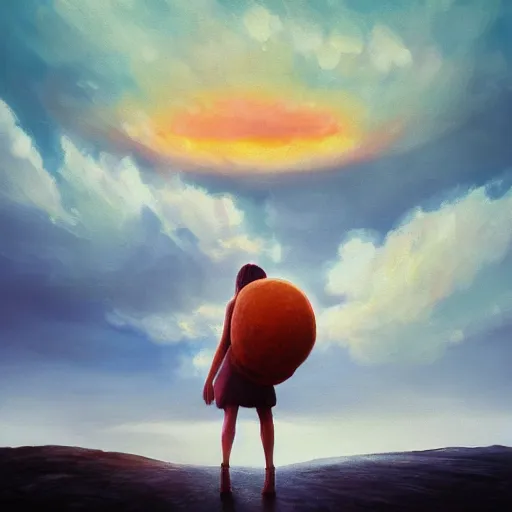 Image similar to giant daisy flower head, girl walking on salt flats mountains, surreal photography, sunrise, dramatic light, impressionist painting, colorful clouds, digital painting, artstation, simon stalenhag