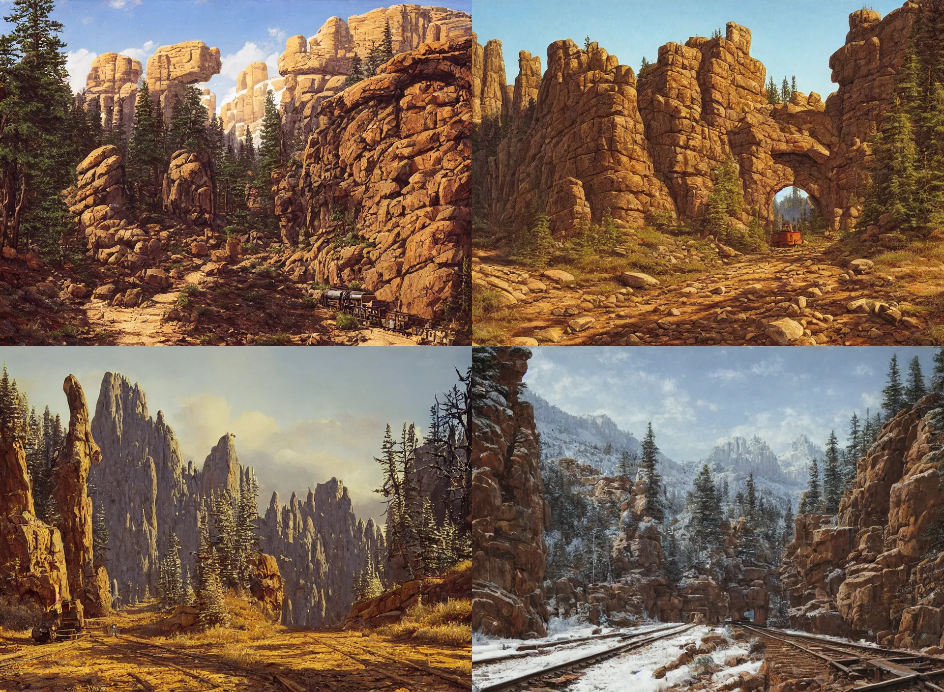 Prompt: entrance to wild imaginary west mine, rail tracks lead from the mine, a mine cart sits on the tracks, mine cart, sheer cliffs surround the scene, high elevation, sparse pine forest, dusting of snow,, rock arches, long shadows, golden hour, wide angle, oil painting, albert bierdstadt