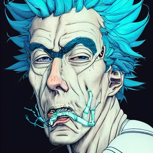 Image similar to 9 5 5 5 rick sanchez portrait by and james jean and katsuhiro otomo and erik jones, inspired by ghost in the shell anime, fine face features, intricate high details, sharp, ultradetailed, 3 d octane render