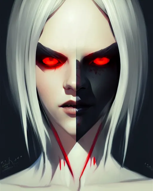 Image similar to sharp hq rendering, dark vampire, character portrait, concept art, painterly, fanart, highly detailed in the style of wlop by ilya kuvshinov, wenjun lin, angular asymmetrical design