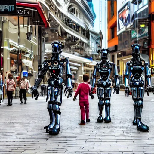 Image similar to A photo of mechanical futuristic robots walking along Rundle Mall in Adelaide, Australia, High detail, realistic photo