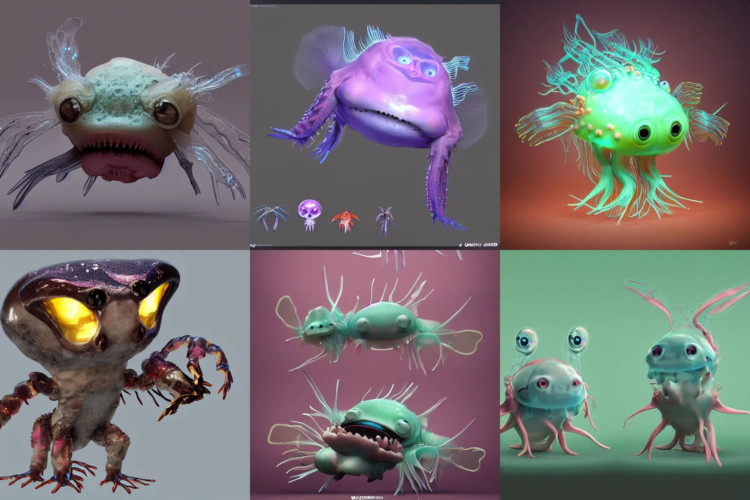 Image similar to cute! biomechanical axolotl, ghost shrimp, Barreleye fish, translucent SSS xray, Barreleye, rimlight, jelly fish dancing, fighting, bioluminescent screaming pictoplasma characterdesign toydesign toy monster creature, zbrush, octane, hardsurface modelling, artstation, cg society, by greg rutkowksi, by Eddie Mendoza, by Peter mohrbacher, by tooth wu, 8k