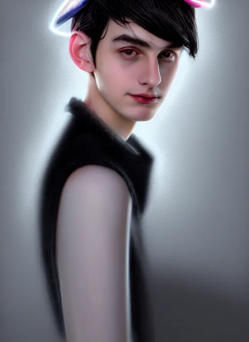 Prompt: portrait of teenage jughead jones wearing a light grey crown, photorealistic, crown made of fabric, crown made of felt, black hair, intricate, elegant, highly detailed, digital painting, glowing lights, artstation, concept art, smooth, sharp focus, illustration, art by wlop, mars ravelo and greg rutkowski