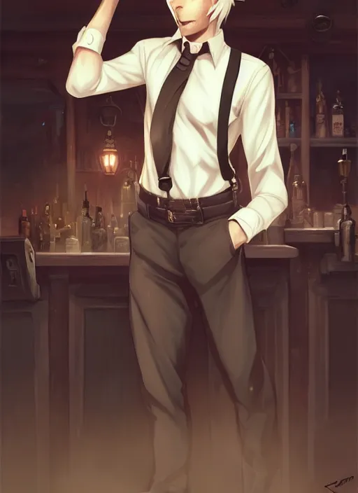 Image similar to beautiful portrait commission of a male furry anthro wolf wearing a white dress shirt with suspenders in an old-timey Saloon. Atmospheric. Character design by charlie bowater, ross tran, artgerm, and makoto shinkai, detailed, inked, western comic book art