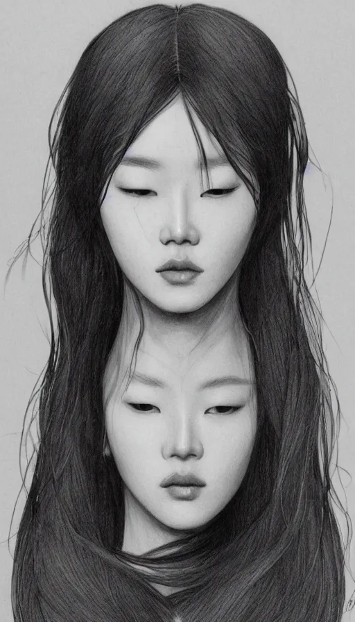 Image similar to model yoon young as the high priestess, by wangjie li, black and white graphite drawing, smooth render, 3 / 4 view