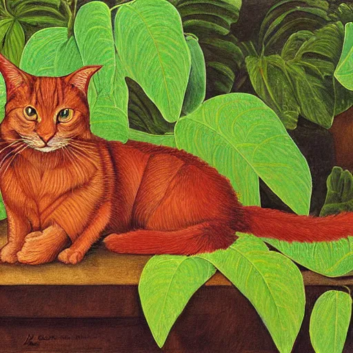 Prompt: a reneissance painting of a red maincoon cat among big green leaves, very detailed, in the style of mantegna
