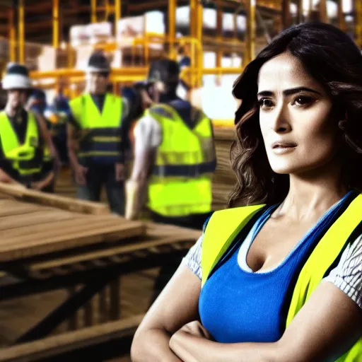 Image similar to photo, close up, salma hayek in a hi vis vest, in warehouse, android cameraphone, unreal engine, 2 6 mm,