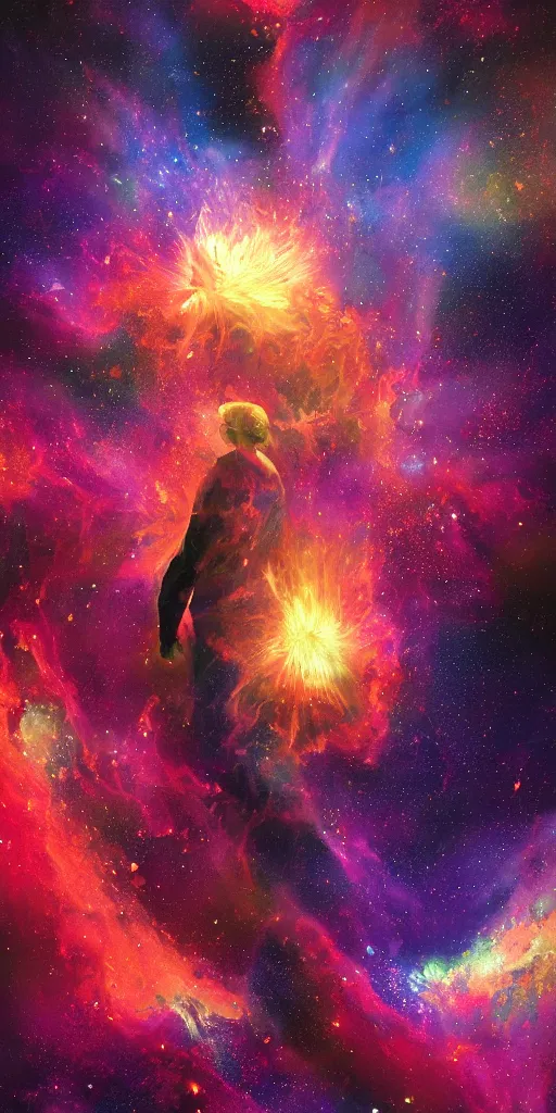 Image similar to an old painting of a man decipted as a nebula explosion, digital painting,