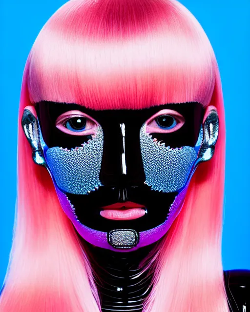 Image similar to symmetrical close - up portrait of a woman wearing a translucent silicone beauty mask and pink hair, wearing a black bodysuit by alexander mcqueen, blue background, soft diffused light, biotechnology, humanoide robot, bjork aesthetic, translucent, by rineke dijkstra, intricate details, highly detailed, masterpiece,