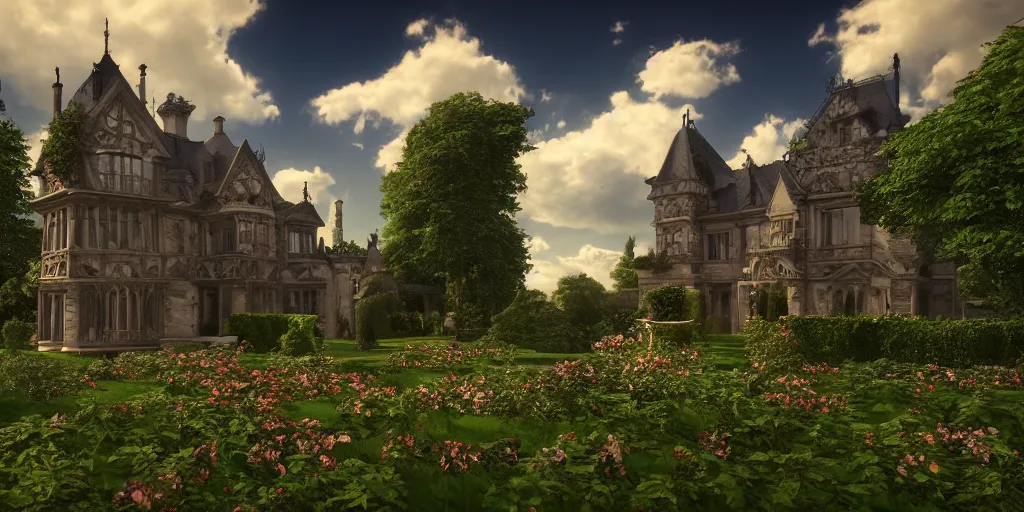 Prompt: gothic, mansion, summer clouds, dawn, flowerbeds, vines, god rays, realistic, filmic lighting, volumetric, by artstation, artemisia gentileschi, wide angle