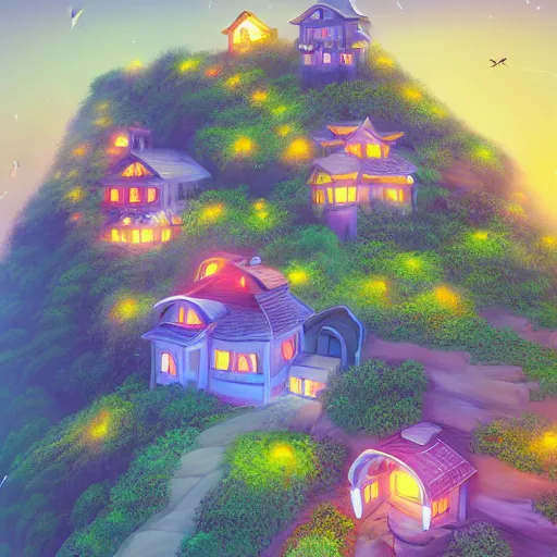 Image similar to beautiful 3 d painting of a colourful house on a hilltop at midnight with small fireflies flying around, in the style of studio ghibli, artstation, unreal engine