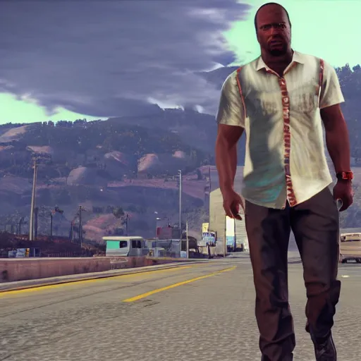 Image similar to a photo of Dwayne Jonson as a GTA 5 cutscene effect,