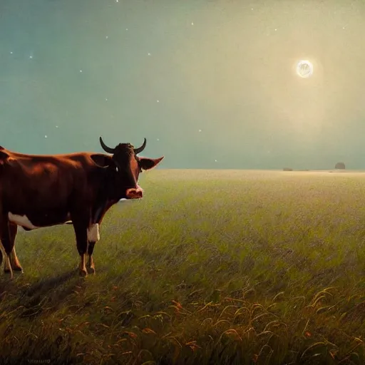 Prompt: a detailed landscape painting of a cow made of stars standing in a grassy field wearing a witch hat, cow wearing hat!!! viewed in profile and far away, fog in the background, ultrawide lens, aerial photography, black and blue color scheme with gold highlights, art by greg rutkowski and and rembrandt and alphonse mucha, artstation, 8 k