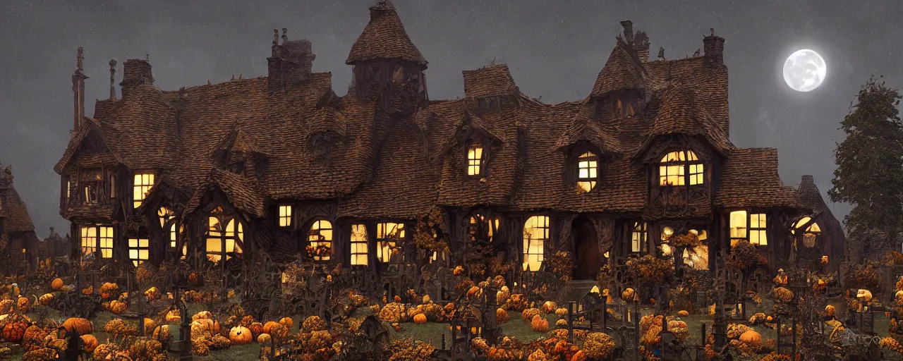 Image similar to a highly detailed old english tudor cottage in a scary pumpkin patch and graveyard, volumetric, fall colors, night, dead tree forest, pumpkins, moon, photorealistic, insanely detailed and intricate, epic scene, volumetric haze, hyper realistic, elegant, ornate, elite, horror, creepy, ominous, haunting, cinematic lighting, unreal engine, symmetrical, cinematic centered camera, high detail