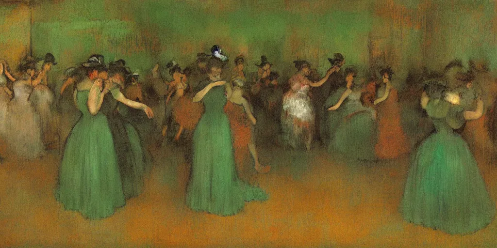 Image similar to tall terrifying green aliens sitting in a circle. in the victorian era. in the style of an impressionist painting. edgar degas