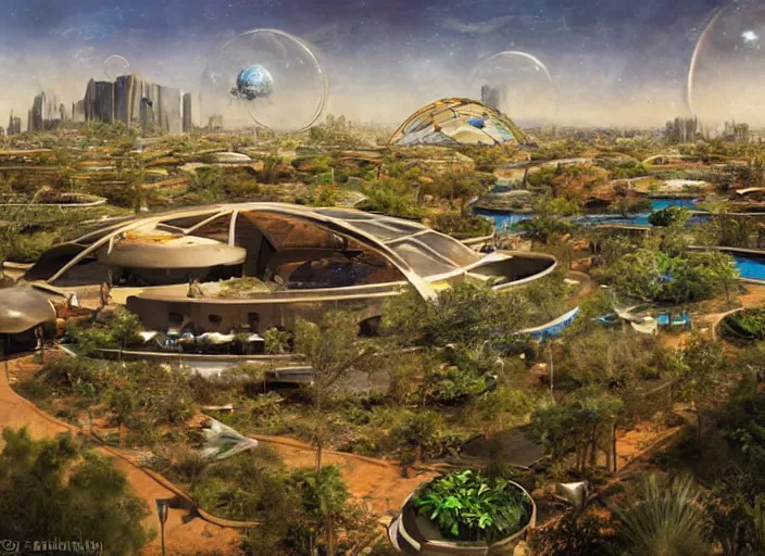 Image similar to an imax view of a eco - friendly solarpunk habitat in a futuristic suburb of tuscon arizona, art by alejandro burdisio and federico pelat and paolo soleri, hyperrealism