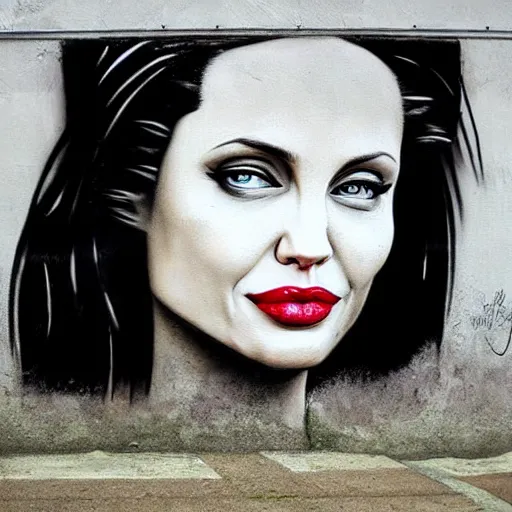 Image similar to Street-art portrait of Angelina Jolie in style of Banksy, photorealism