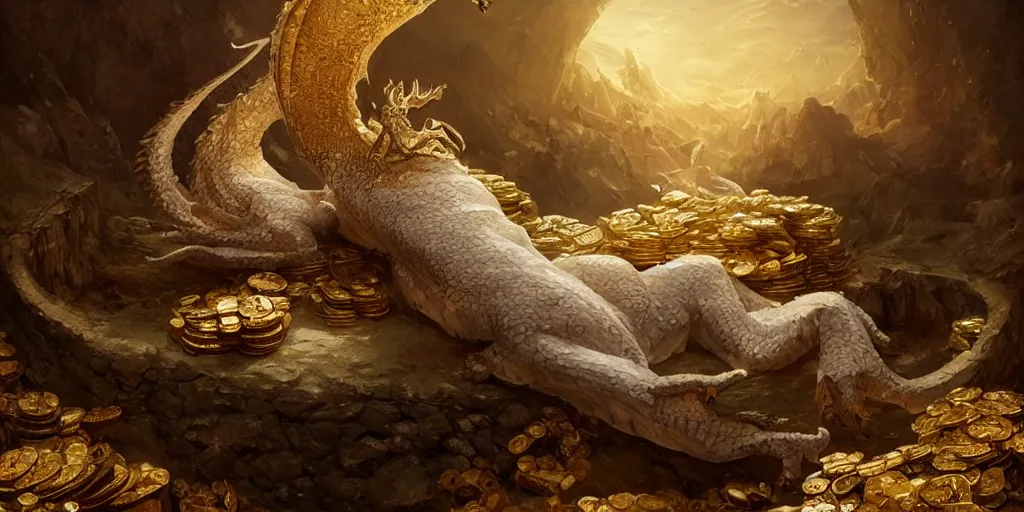 Image similar to concept art of a white scaled dragon laying on a mountain of golden coins and precious jewels inside a castle, medieval, jewels, gold, painting by wlop, nixeu and greg rutkowski, beautiful, semirealism, artstation, octane render, sharpness, 8 k, golden ratio