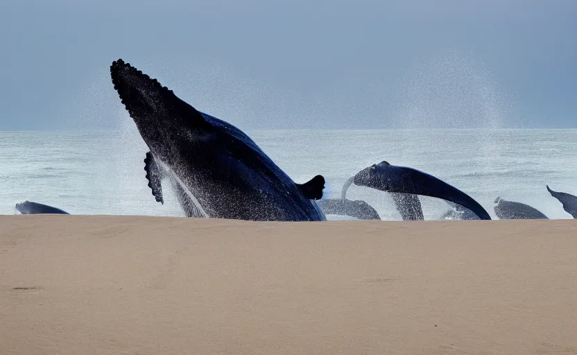 Image similar to whales jumping in sand dunes, photography