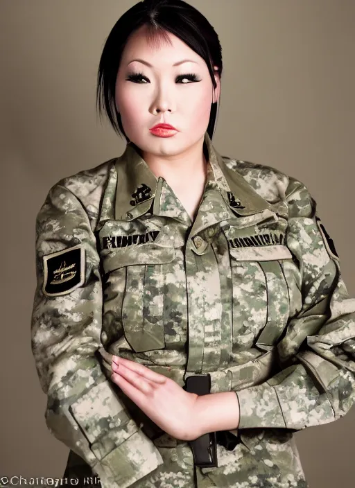 Prompt: portrait of hitomi tanaka wearing a military uniform, backround : army base with soldiers training nearby, by charlotte grimm, studio light, detailed face, canon eos c 3 0 0, ƒ 1. 8, 3 5 mm, 8 k, medium - format print, half body shot