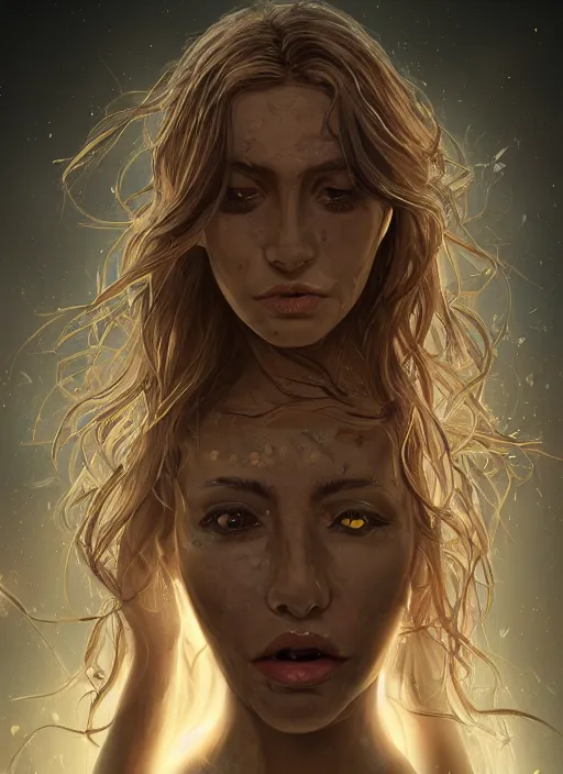 Prompt: portrait of a gorgeous girl as a ever-reaching Goddess of despair, cracks, disaster, whirlwind, cinematic, eve, beautiful soft light, saving the world blind and hungry souls around. a futuristic diety, fantasy, intricate, elegant, human anatomy, natural light, golden hour, highly detailed, digital painting, artstation, wide angle, smooth, sharp focus, illustration, art by brom, tian zi and WLOP and alphonse mucha, masterpiece, 3d blender, mitch foust, Clyde Caldwell, dof