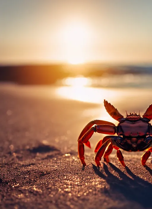 Image similar to a happy crab holding a beer in a beach, golden hour, bokeh, 4k