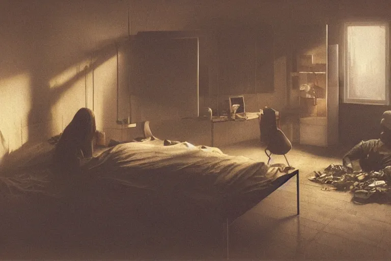 Image similar to IKEA catalogue photo, cyberpunk teenager bedroom, ghosts, screens, TVs, monitors, robots, by Beksiński