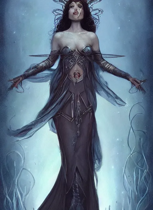 Image similar to tarot!!, fairy queen, fantasy medieval, no noise, elegant, concept art, sharp focus, beautiful face!!, digital art, smooth defined outlines!!, by Brom, trending on Artstation, Tom Bagshaw, Sargent