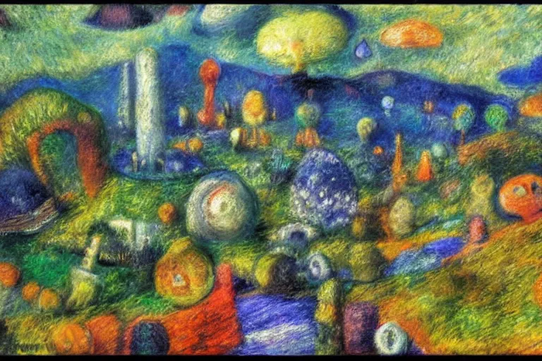 Image similar to an uncanny landscape from pikmin ( 2 0 0 1 ) painted by william james glackens