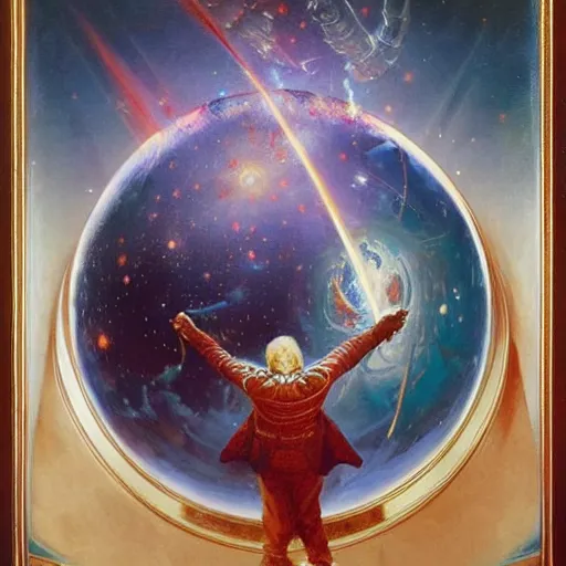 Image similar to lukashenko creating the universe, made by j. c leyendecker and beksinski