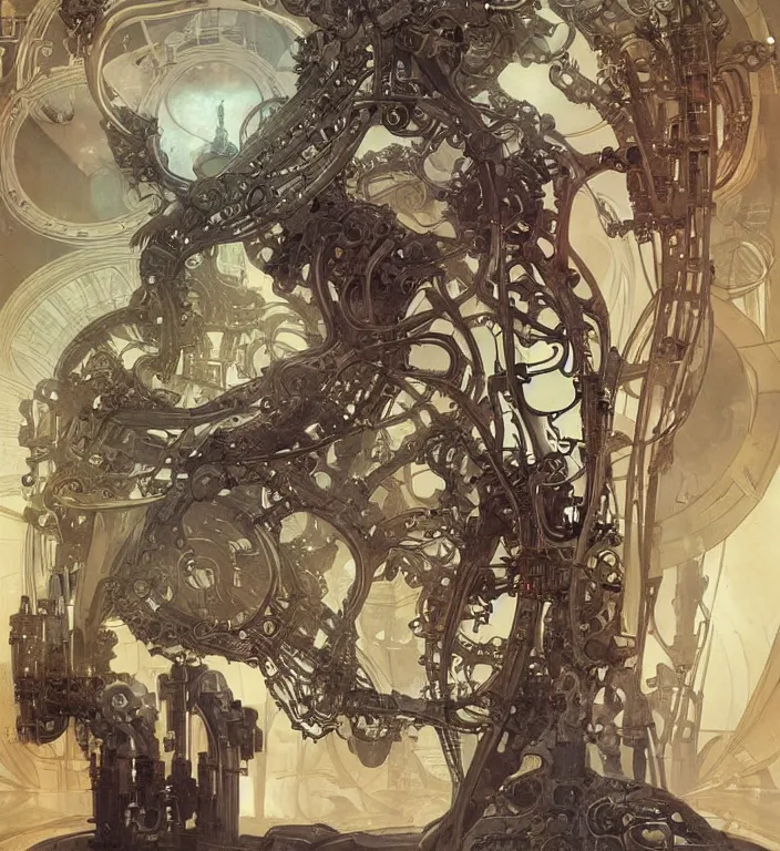 Prompt: digital artwork, illustration, cinematic camera, elegant biomechanical machinery, intricate machinery, biomechanics, the ghosts in the machine, cyberpunk concept art by artgerm and Alphonse Mucha and Greg Rutkowski, highly detailed, elegant, intricate, sci-fi, sharp focus, dramatic lighting, Trending on Artstation HQ, deviantart