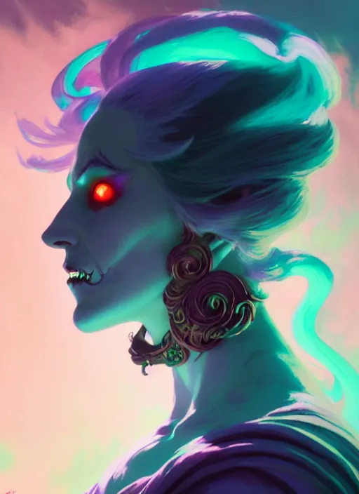 Image similar to side portrait, female undead warlock, gloomhaven, luminescent, colorful swirly magic ripples, pastel colors, by greg manchess, huang guangjian, gil elvgren, sachin teng, greg rutkowski, jesper ejsing, ilya kuvshinov