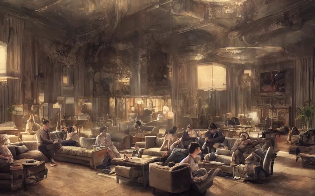 Image similar to epic masterpiece of cinematographic hyperrealism where a lot of people communicating with each other in a large lounge. realistic shaded lighting poster by craig mallismo, artgerm, jeremy lipkin and michael garmash, unreal engine, radiant light, detailed and intricate environment, digital art, art station trends