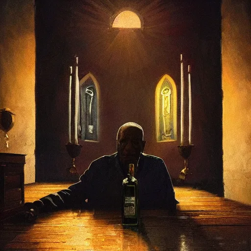 Image similar to a portrait of bill cosby surrounded by liquor bottles radiating holy light in the church,in the style of greg rutkowski,epic lighting,Postmodernism style,Masterpieces,oil on canvas