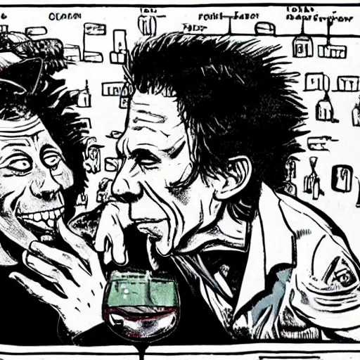 Prompt: Tom Waits and Iggy Pop in a pub by Robert Crumb