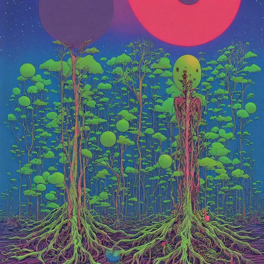 Prompt: ( ( ( strange forest on an unknown planet ) ) ) by mœbius!!!!!!!!!!!!!!!!!!!!!!!!!!!, overdetailed art, colorful, record jacket, warm tones, bioluminescent