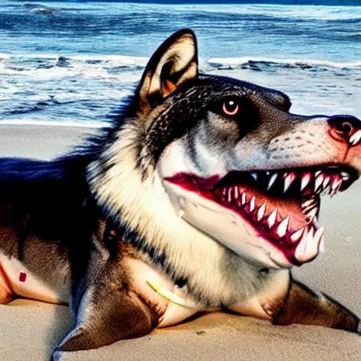 Image similar to professional photo of a shark body and canine wolf head half wolf half shark strange combo discovered on the beach