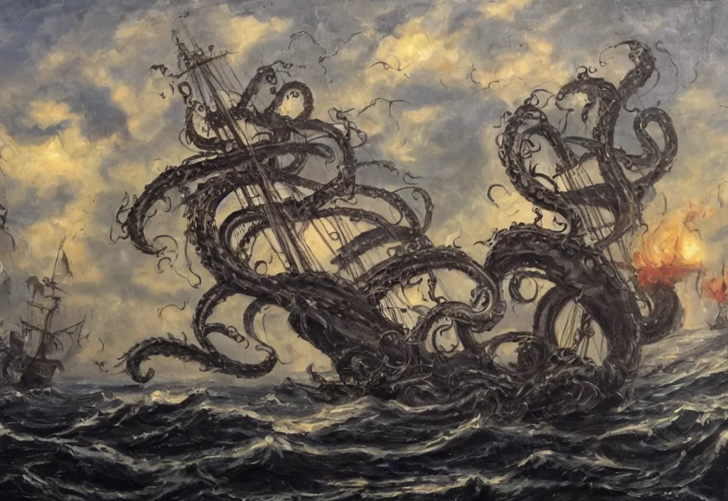 Image similar to oil painting of a kraken attacking a pirate ship