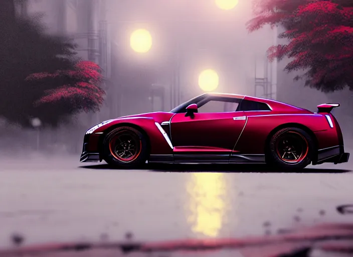 Image similar to Crimson GT-R R36 2035 165mm camera, hyper detailed, digital art, trending in artstation, cinematic lighting, studio quality, smooth render, unreal engine 5 rendered, octane rendered, art style by klimt and nixeu and ian sprigger and wlop and krenz cushart