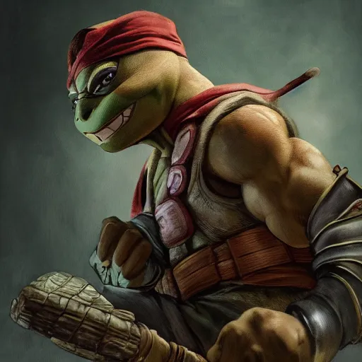 Prompt: teenage mutant ninja turtle, michelangelo, old, handsome, portrait, profile, intricate, detailed, volumetric lighting, scenery, digital painting, highly detailed, artstation, sharp focus, illustration, concept art, ruan jia, steve mccurry