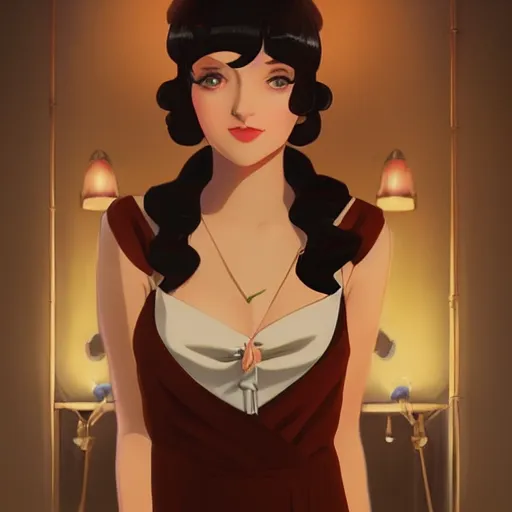 Prompt: portrait of a beautiful girl with dark hair dressed in 1920's fashion, speakeasy bar background, mood lighting, ambient lighting, dynamic lighting, 4k, official media, anime key visual, makoto shinkai, ilya kuvshinov, lois van baarle, rossdraws, detailed, trending on artstation