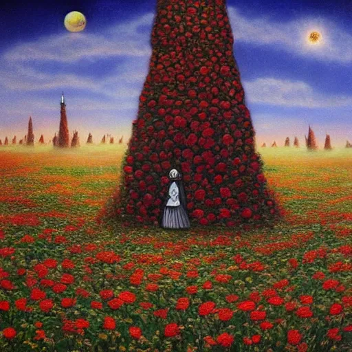 Image similar to the dark tower in a field of roses, surrealism, cosmic western, masterpiece oil painting,