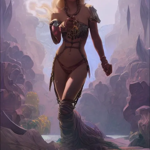 Image similar to Margot Robbie as slave open legs, D&D, fantasy, intricate, elegant, highly detailed, digital painting, artstation, concept art, matte, sharp focus, illustration, hearthstone, art by Artgerm and Greg Rutkowski and Alphonse Mucha