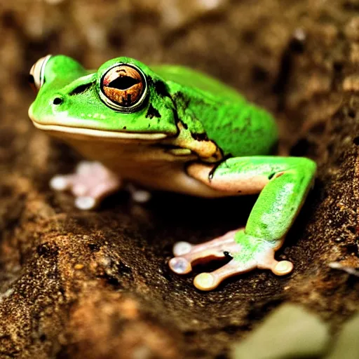 Image similar to human! frog werecreature, photograph captured at woodland creek