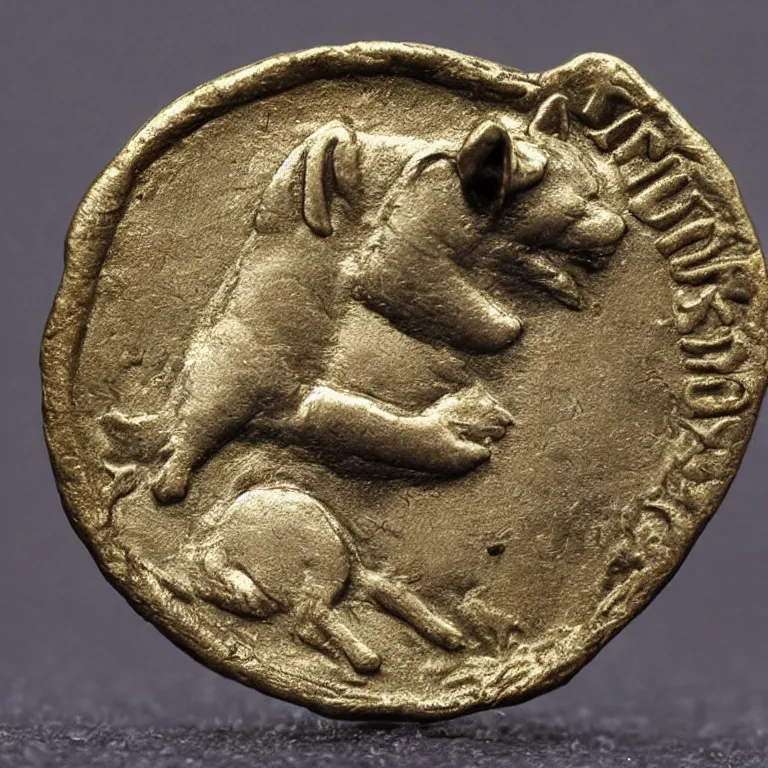 Image similar to ancient roman coin with a shiba inu and some latin writing