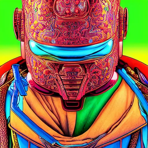 Prompt: beautiful portrait of the colorful masked humanoid android, vivid colors, intricate, highly detailed, masterful, in the style of moebius, akira toriyama, jean giraud