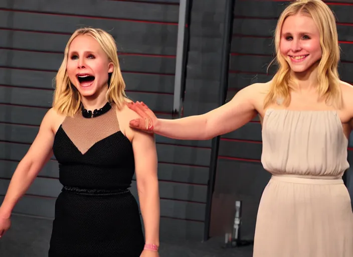 Image similar to first person vr video, photograph of my hand touching kristen bell's fat chubby belly, her belly is fat and round, 8 k, sharp, detailed