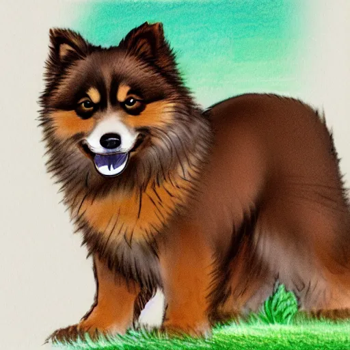 Image similar to detailed drawing of an excited brown and tan domino finnish lapphund, studio ghibli art style
