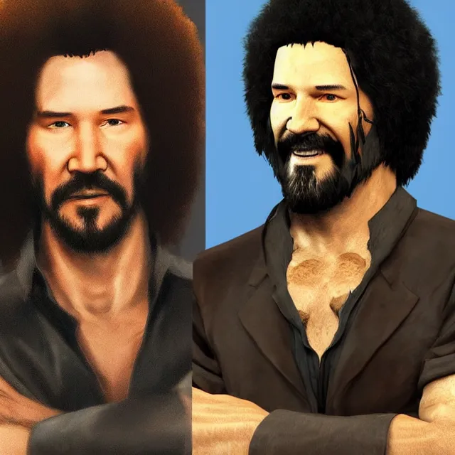 Prompt: bob ross and keanu reeves as a main characters in mortal kombat, concept, artstation, trending on deviantart, 4 k, very very detailed, realistic face,